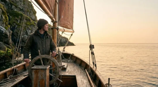 Entrepreneur au gouvernail d'un bateau quittant un passage etroit pour rejoindre une mer calme, symbole de la transformation d'une entreprise en survie vers une croissance maitrisee