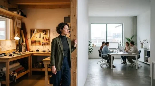 Un entrepreneur au seuil symbolique entre l'atelier des debuts et un bureau de direction structure