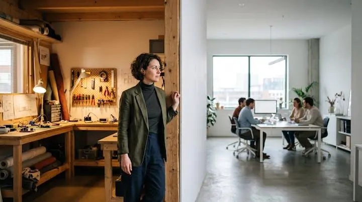 Un entrepreneur au seuil symbolique entre l'atelier des debuts et un bureau de direction structure