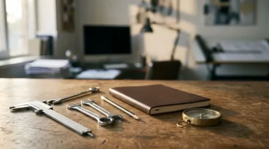 Photographie symbolique d'un outil technique pose a cote d'un carnet et d'une boussole, illustrant la transition d'un professionnel technique vers un role de dirigeant