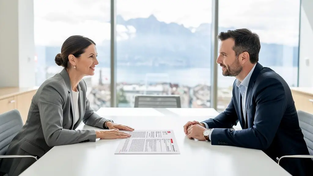 Professionnels collaborant debout dans un bureau moderne en Suisse, discutant activement d'un projet avec vue sur une ville suisse en arrière-plan