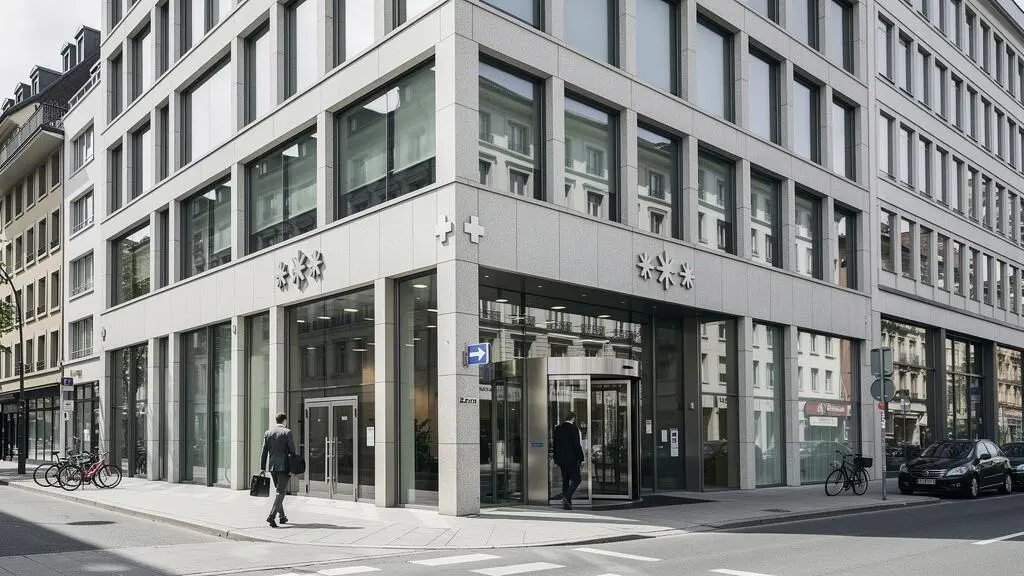 Façade d'un immeuble de bureaux de services professionnels dans un quartier d'affaires suisse, avec un professionnel entrant dans le bâtiment