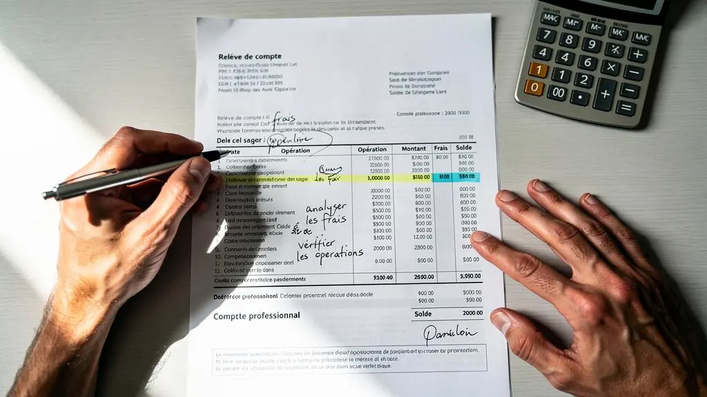 Mains d'entrepreneur annotant et analysant des relevés de frais bancaires professionnels sur un bureau