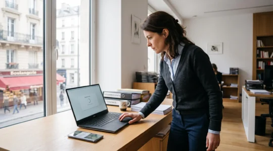 Une assistante juridique envoie une lettre recommandée électronique depuis un ordinateur portable dans un bureau en France.