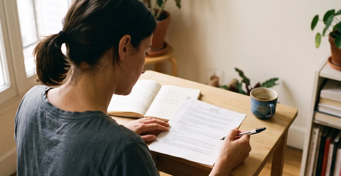 Une femme relit son curriculum vitae imprimé, un stylo à la main, à son bureau éclairé par la lumière d'une fenêtre.