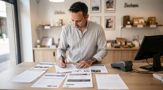 Entrepreneur français comparant activement plusieurs brochures bancaires sur le comptoir de son commerce