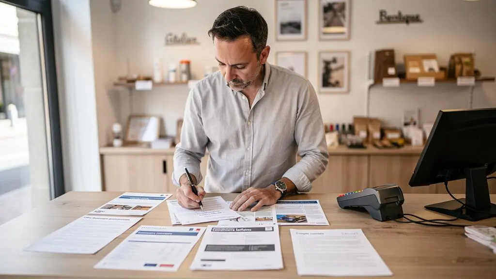 Entrepreneur français comparant activement plusieurs brochures bancaires sur le comptoir de son commerce