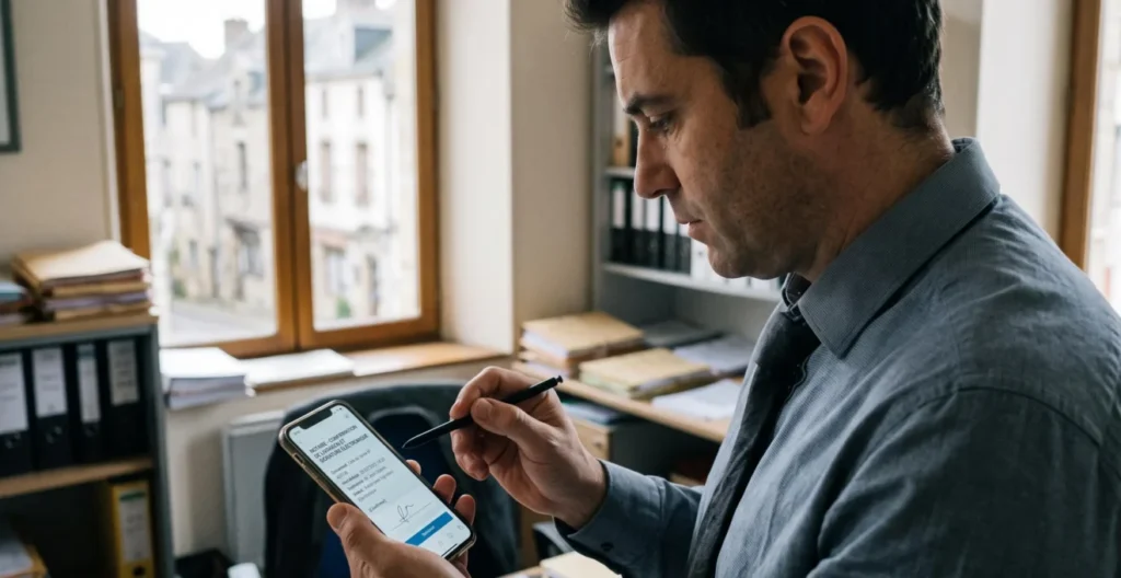 Un greffier consulte sur son smartphone une notification d'accusé de réception électronique avec horodatage.