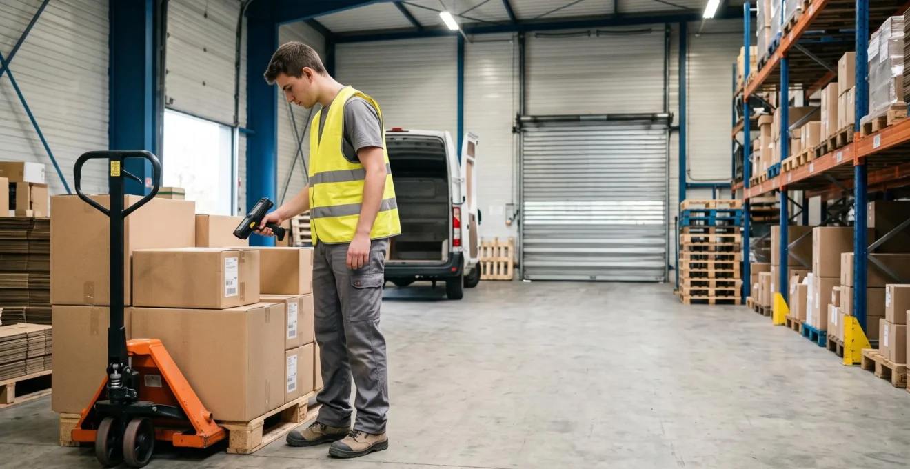 Un intérimaire scanne des colis sur une palette avec un lecteur de codes-barres dans un entrepôt logistique.