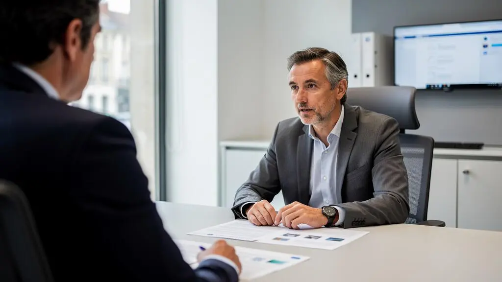 Entrepreneur en discussion avec un conseiller bancaire dans une agence bancaire française moderne