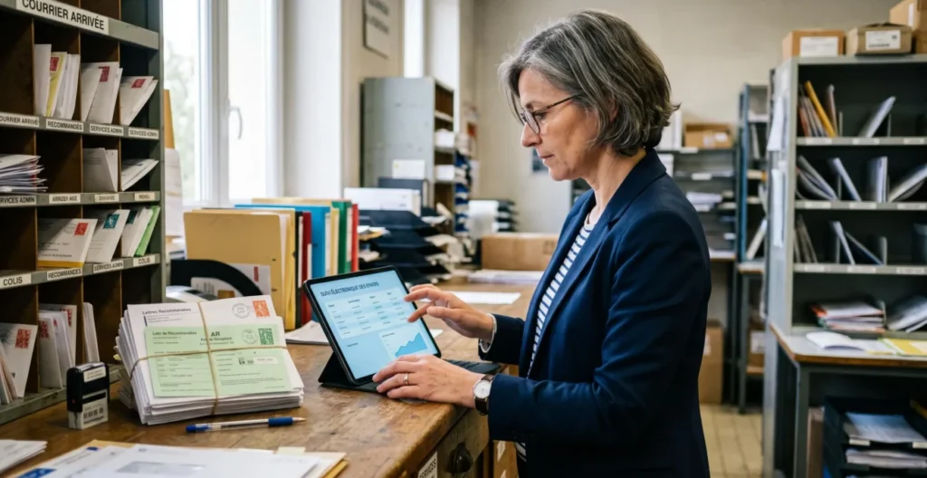 Une responsable compare des courriers recommandés papier et un tableau de suivi de lettres recommandées électroniques dans un local d'entreprise.