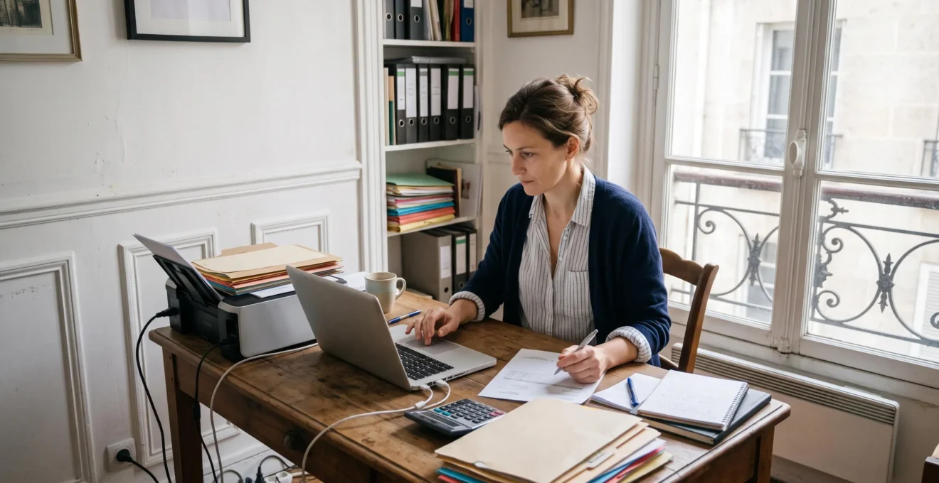 Une cheffe d'entreprise saisit une facture sur son ordinateur portable dans son bureau.