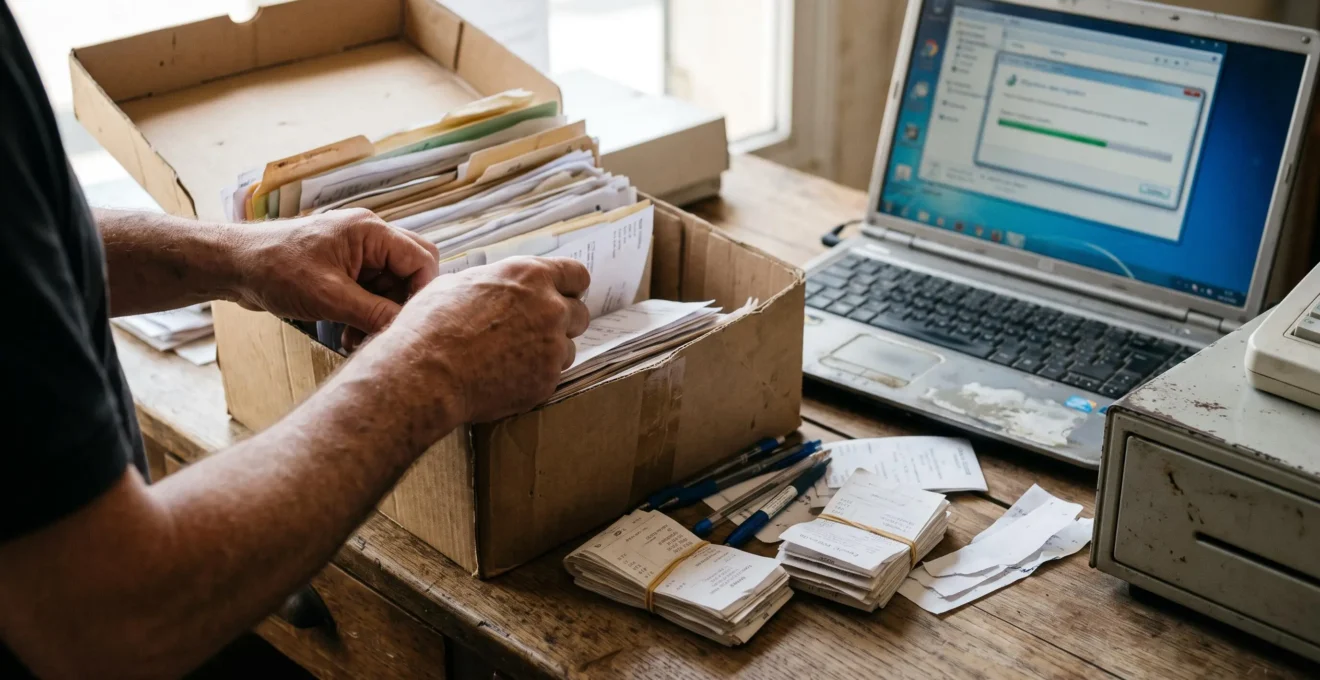 Un commerçant classe ses anciennes factures papier à côté de son ordinateur portable.