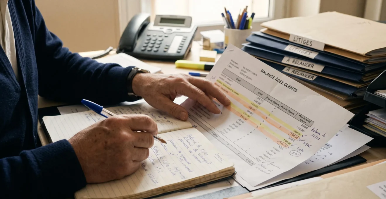 Les mains d'un contrôleur crédit annotent un rapport papier de balance âgée au bureau.