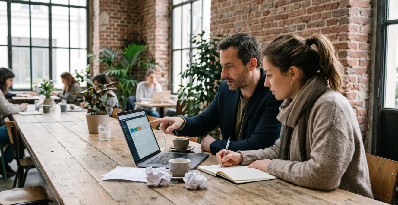 Un entrepreneur et un consultant comparent deux solutions de facturation sur un ordinateur portable.