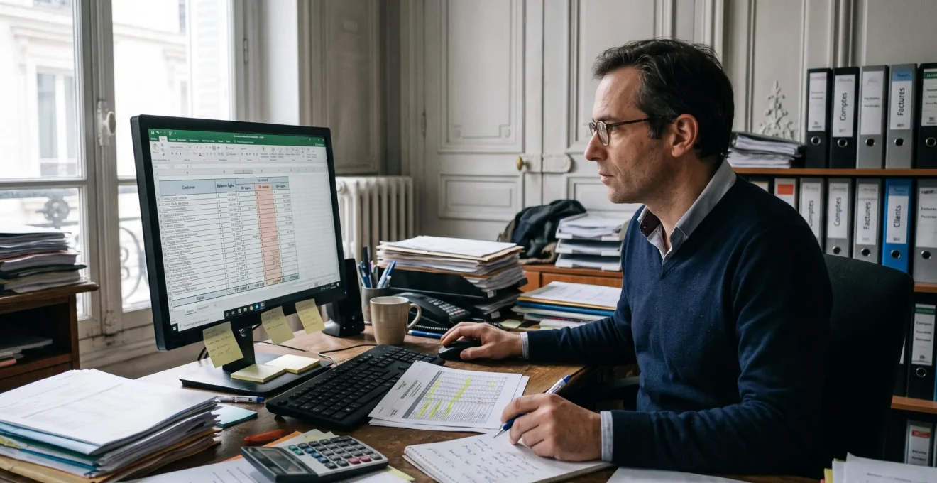 Une gestionnaire de paie analyse un rapport de balance âgée sur son ordinateur au bureau.
