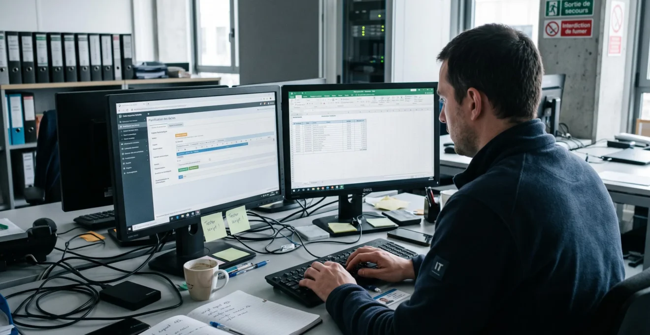 Un technicien configure un flux automatisé d'extraction de données sur un poste à double écran.
